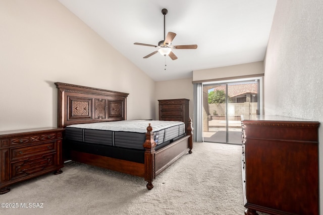 231 E Highcourte Ln, Tucson, AZ 85737 - bedroom featuring light carpet, vaulted ceiling, access to outside, and ceiling fan