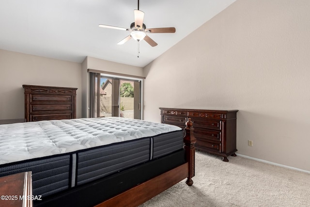 231 E Highcourte Ln, Tucson, AZ 85737 - bedroom featuring access to exterior, light carpet, lofted ceiling, a ceiling fan, and baseboards