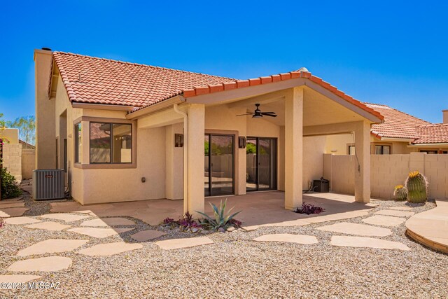 231 E Highcourte Ln, Tucson, AZ 85737 - rear view of property with ceiling fan, a patio area, stucco siding, central AC unit, and a tiled roof