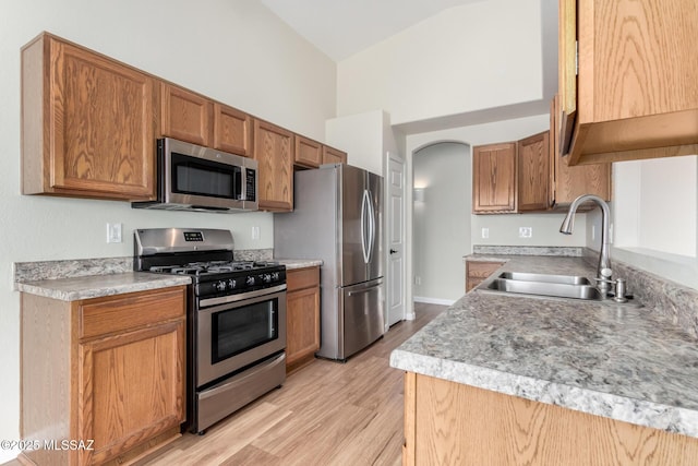 9102 N Safflower Ln, Tucson, AZ 85743 - kitchen featuring appliances with stainless steel finishes, a sink, light wood-style floors, and light countertops