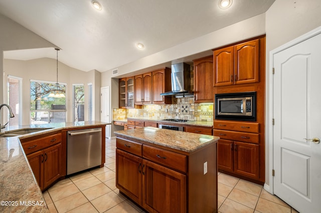 11562 N Scioto Ave, Tucson, AZ 85737 - kitchen featuring appliances with stainless steel finishes, a sink, wall chimney exhaust hood, lofted ceiling, and backsplash