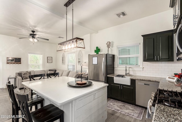 118 N Hoff Ave, Tucson, AZ 85705 - kitchen featuring a sink, appliances with stainless steel finishes, open floor plan, ceiling fan, and light wood finished floors