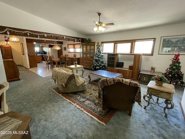 11985 N Cayce Ln, Casa Grande, AZ 85194 - carpeted living area with a ceiling fan and vaulted ceiling