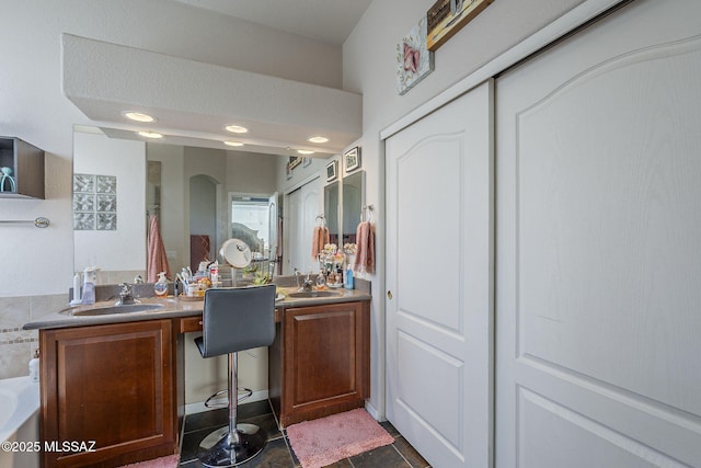 983 N Via Zahara Del Sol, Tucson, AZ 85748 - bathroom featuring double vanity, a shower with shower curtain, a bath, and recessed lighting