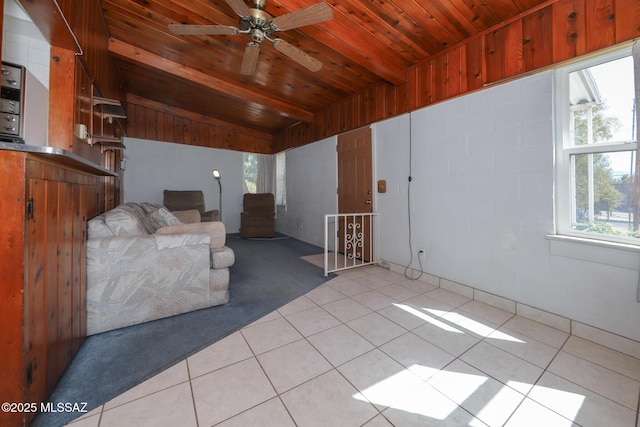3431 N Edith Blvd, Tucson, AZ 85716 - living area featuring lofted ceiling, light tile patterned floors, wooden ceiling, and ceiling fan