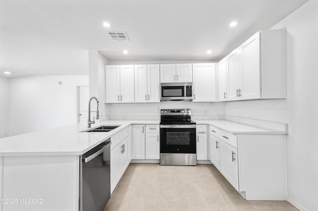 4167 E Los Robles St, Tucson, AZ 85712 - kitchen featuring appliances with stainless steel finishes, a sink, a peninsula, recessed lighting, and white cabinetry