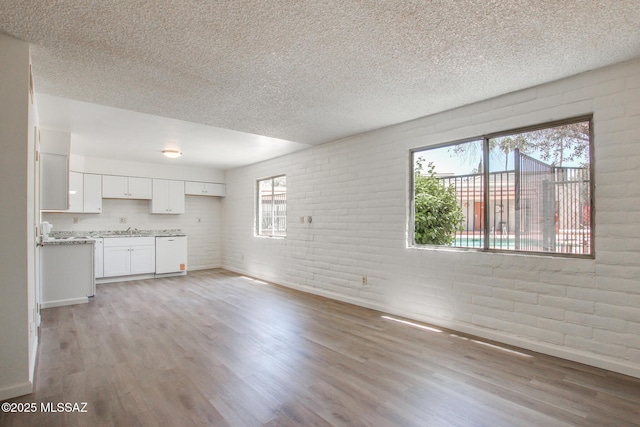 8450 E Old Spanish Trl Unit 157, Tucson, AZ 85710 - unfurnished living room featuring light wood-style flooring, a textured ceiling, brick wall, baseboards, and a sink