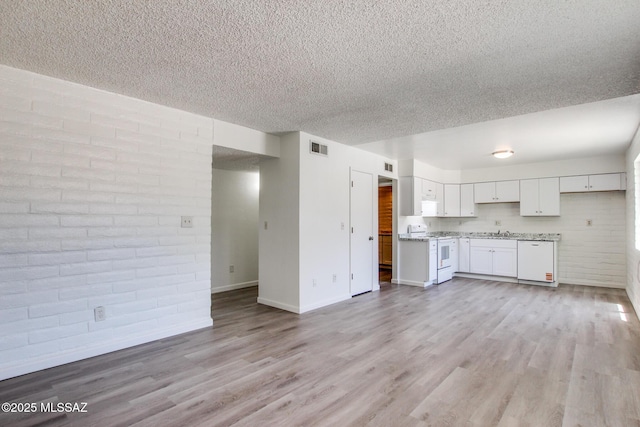 8450 E Old Spanish Trl Unit 157, Tucson, AZ 85710 - unfurnished living room with baseboards, a textured ceiling, light wood-style flooring, a sink, and brick wall
