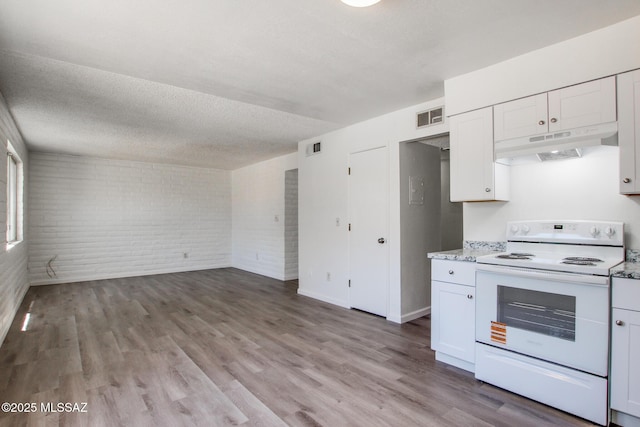 8450 E Old Spanish Trl Unit 157, Tucson, AZ 85710 - kitchen with white electric range oven, under cabinet range hood, brick wall, white cabinetry, and light wood-type flooring