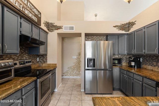 9141 E Bell Cactus Ln, Tucson, AZ 85715 - kitchen with appliances with stainless steel finishes, under cabinet range hood, backsplash, light tile patterned floors, and dark stone counters