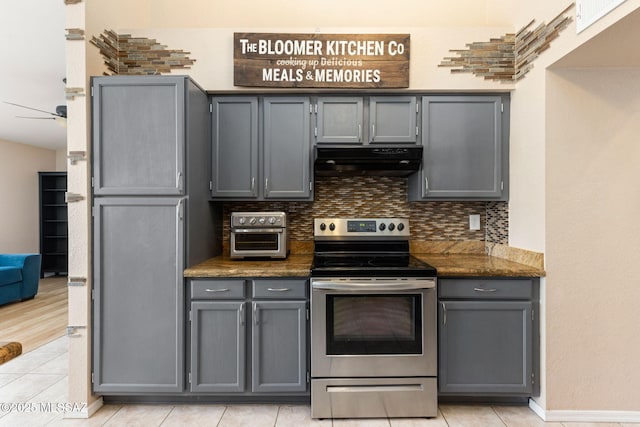 9141 E Bell Cactus Ln, Tucson, AZ 85715 - kitchen featuring stainless steel electric stove, range hood, and gray cabinets