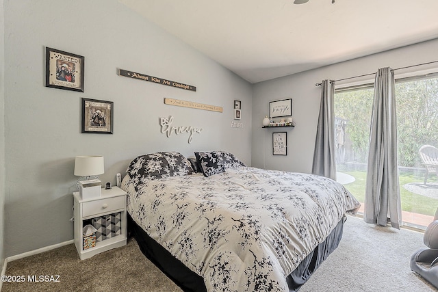 9650 N Gyor Pl, Tucson, AZ 85742 - carpeted bedroom with access to outside, vaulted ceiling, and baseboards