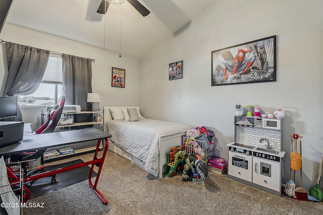 9650 N Gyor Pl, Tucson, AZ 85742 - bedroom featuring vaulted ceiling, carpet, a desk, and a ceiling fan