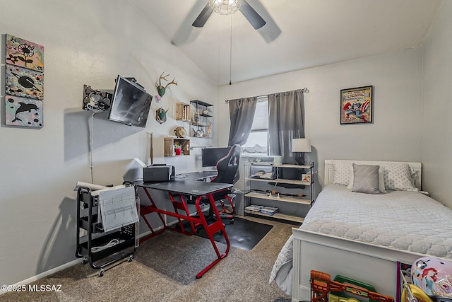 9650 N Gyor Pl, Tucson, AZ 85742 - bedroom featuring carpet floors, lofted ceiling, an office area, ceiling fan, and baseboards