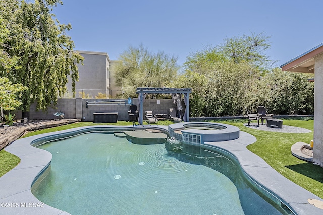 9650 N Gyor Pl, Tucson, AZ 85742 - view of pool with a pergola, a pool with connected hot tub, central AC, a patio, and a fire pit