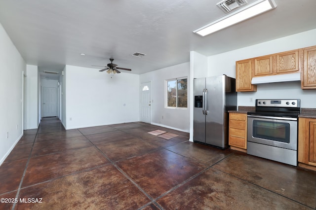 2931 N Mitch Dr, Tucson, AZ 85719 - kitchen with stainless steel appliances, dark countertops, under cabinet range hood, and concrete floors