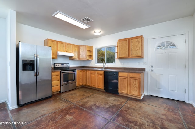 2931 N Mitch Dr, Tucson, AZ 85719 - kitchen featuring stainless steel appliances, under cabinet range hood, a sink, dark countertops, and open shelves