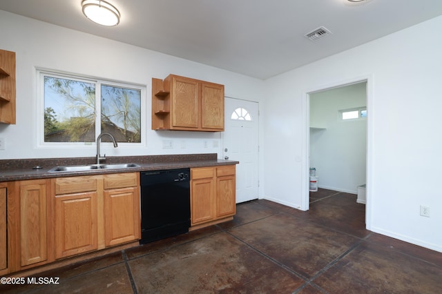 2931 N Mitch Dr, Tucson, AZ 85719 - kitchen with dishwasher, open shelves, a sink, and dark countertops