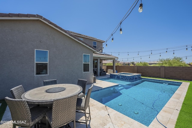 5550 S Sycamore Rim Trl, Tucson, AZ 85747 - view of swimming pool with a fenced backyard, a patio, a pool with connected hot tub, and outdoor dining area