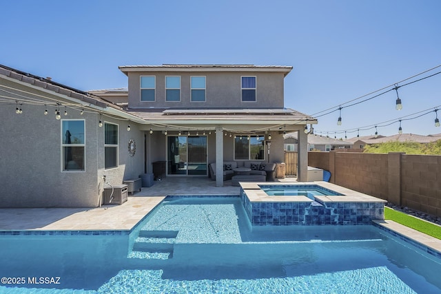 5550 S Sycamore Rim Trl, Tucson, AZ 85747 - back of house with stucco siding, a fenced backyard, outdoor lounge area, a patio area, and a pool with connected hot tub