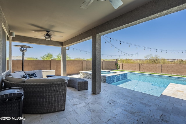 5550 S Sycamore Rim Trl, Tucson, AZ 85747 - view of pool featuring ceiling fan, a fenced backyard, a pool with connected hot tub, and outdoor lounge area