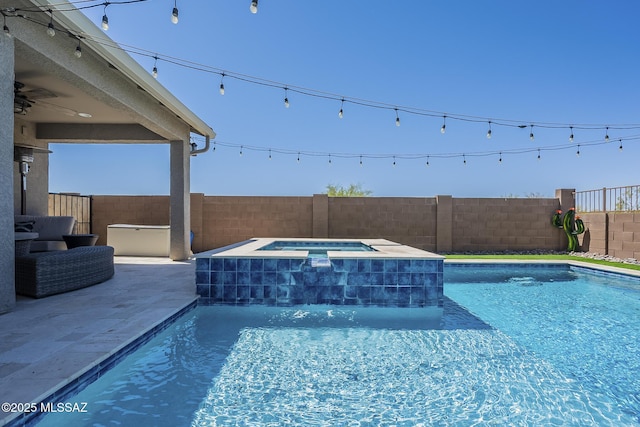 5550 S Sycamore Rim Trl, Tucson, AZ 85747 - view of swimming pool featuring an in-ground hot tub, a fenced backyard, a patio area, and a ceiling fan