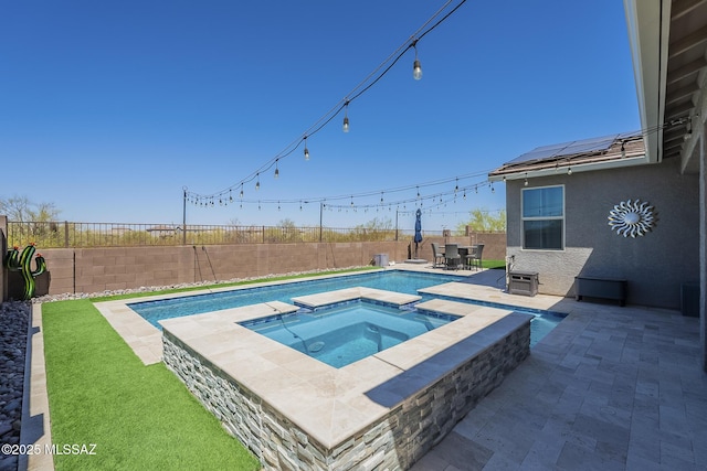 5550 S Sycamore Rim Trl, Tucson, AZ 85747 - view of swimming pool with a patio area, a fenced backyard, a pool with connected hot tub, and outdoor dining space