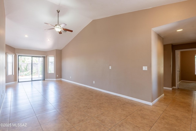 9701 N Camino Del Fierro, Tucson, AZ 85742 - unfurnished room with ceiling fan, light tile patterned floors, vaulted ceiling, recessed lighting, and baseboards