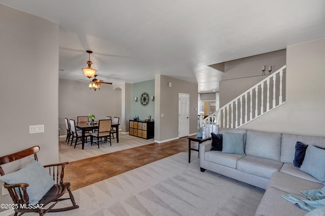19 W Via Teresita, Sahuarita, AZ 85629 - tiled living room featuring stairway, ceiling fan, and baseboards