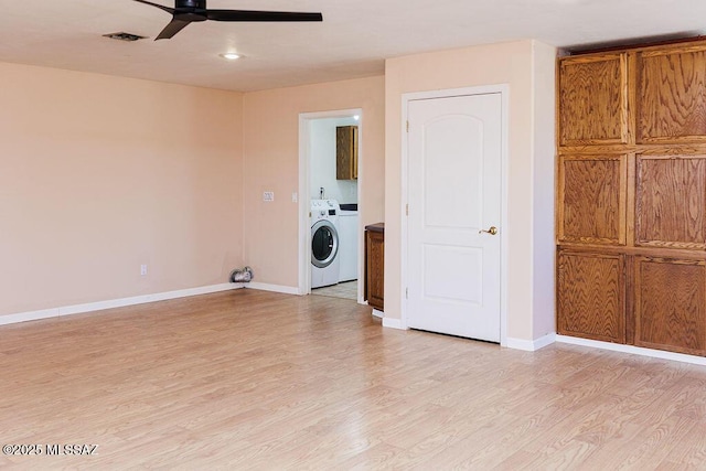 161 N Carlilse Way, Willcox, AZ 85643 - laundry room featuring a ceiling fan, cabinet space, light wood-style floors, baseboards, and washing machine and clothes dryer