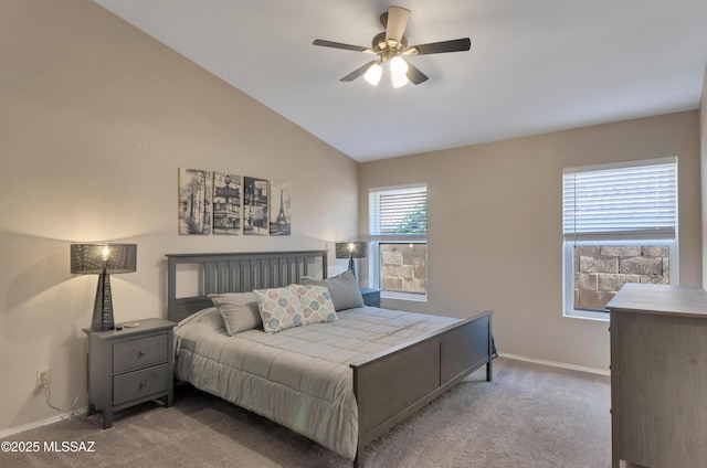 11561 N Eagle Peak Dr, Oro Valley, AZ 85737 - bedroom featuring carpet floors, baseboards, lofted ceiling, and ceiling fan