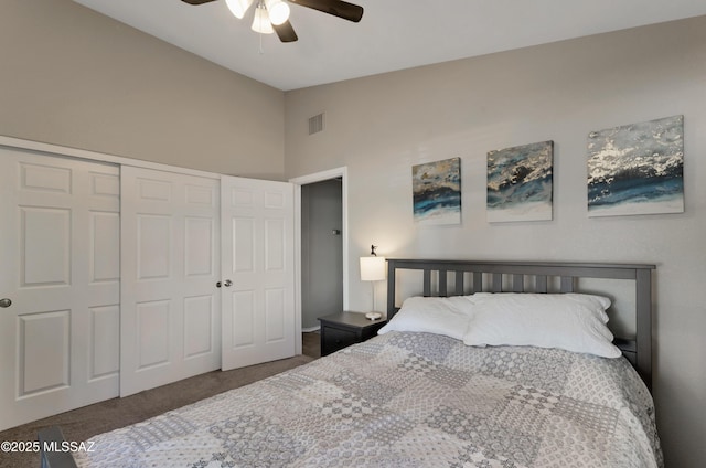 11561 N Eagle Peak Dr, Oro Valley, AZ 85737 - bedroom featuring carpet flooring, a closet, ceiling fan, and lofted ceiling