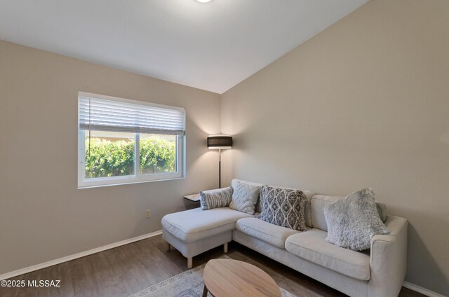 11561 N Eagle Peak Dr, Oro Valley, AZ 85737 - living room featuring wood finished floors, baseboards, and lofted ceiling