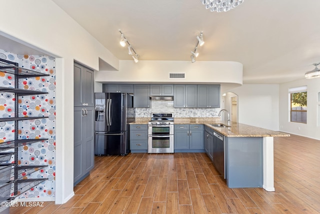 11262 N Chynna Rose Pl, Oro Valley, AZ 85737 - kitchen with appliances with stainless steel finishes, a peninsula, arched walkways, and gray cabinets
