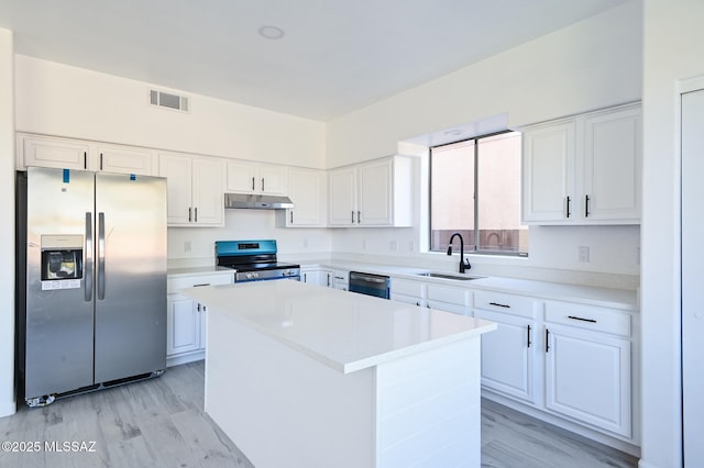 185 E Calle Zavala, Tucson, AZ 85704 - kitchen with stainless steel appliances, a sink, under cabinet range hood, a kitchen island, and white cabinets