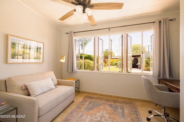1912 E Water St, Tucson, AZ 85719 - office featuring tile patterned flooring, a ceiling fan, crown molding, and baseboards