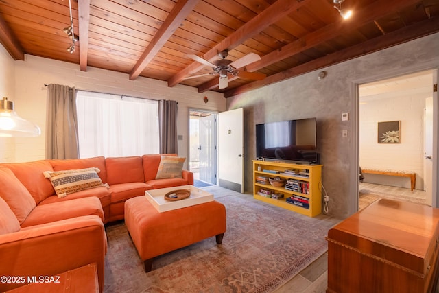 1912 E Water St, Tucson, AZ 85719 - living area with wood ceiling with exposed beams, wood finished floors, a ceiling fan, and track lighting
