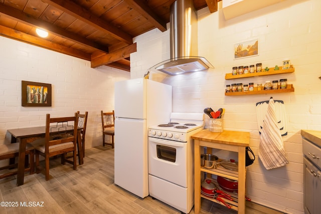 1912 E Water St, Tucson, AZ 85719 - kitchen featuring white appliances, island range hood, wooden ceiling with exposed beams, light wood finished floors, and butcher block counters