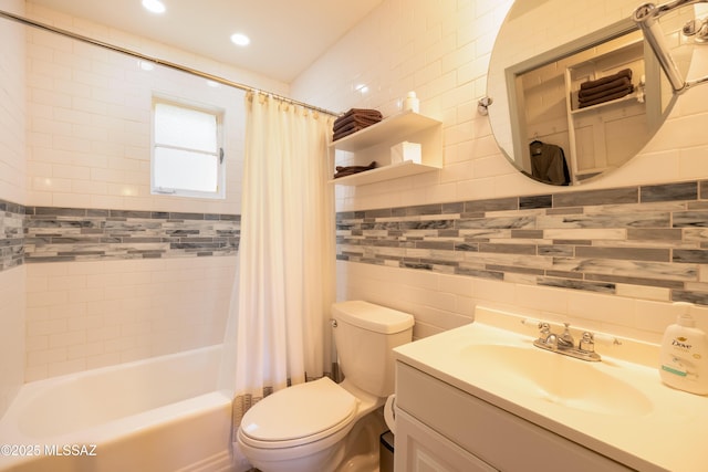1912 E Water St, Tucson, AZ 85719 - full bathroom with toilet, shower / bath combination with curtain, vanity, decorative backsplash, and tile walls