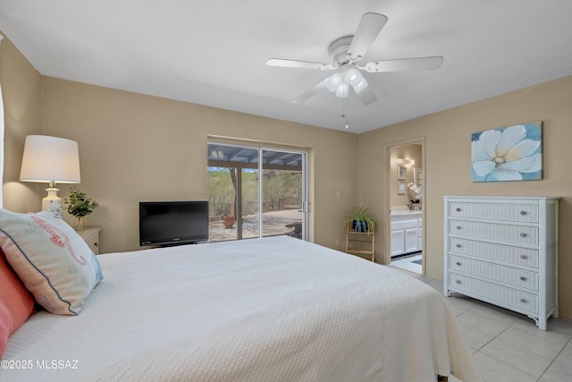7302 E Rocky Creek Pl, Tucson, AZ 85750 - bedroom featuring access to outside, light tile patterned flooring, connected bathroom, and ceiling fan
