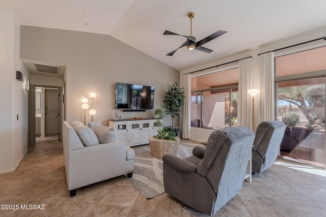 2136 E Desert Fox Dr, Green Valley, AZ 85614 - living area with lofted ceiling, a ceiling fan, and light tile patterned floors
