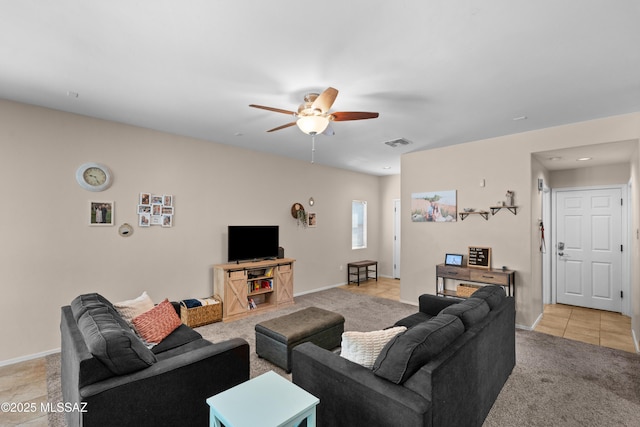 77 N Mail Station Ln, Sahuarita, AZ 85629 - living area with a ceiling fan, baseboards, light tile patterned flooring, light colored carpet, and recessed lighting