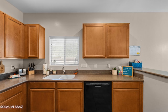 77 N Mail Station Ln, Sahuarita, AZ 85629 - kitchen featuring dishwasher, a sink, dark countertops, and brown cabinetry