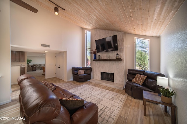 5617 N Camino Del Conde, Tucson, AZ 85718 - living area featuring wood ceiling, a stone fireplace, light wood finished floors, lofted ceiling, and baseboards