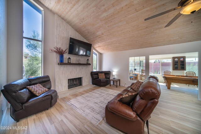 5617 N Camino Del Conde, Tucson, AZ 85718 - living room featuring wooden ceiling, a large fireplace, high vaulted ceiling, a ceiling fan, and plenty of natural light