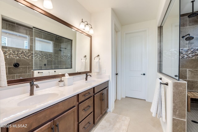 7823 W Buckeye Path, Marana, AZ 85658 - bathroom featuring walk in shower, double vanity, and tile patterned floors