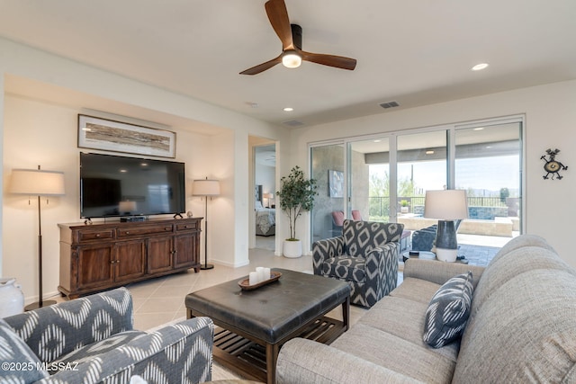 7823 W Buckeye Path, Marana, AZ 85658 - living area featuring ceiling fan, recessed lighting, baseboards, and light tile patterned flooring