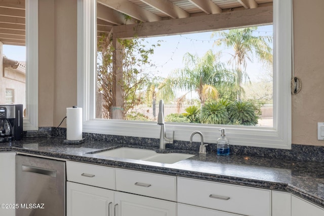 4141 W Camino Del Norte, Tucson, AZ 85742 - kitchen featuring a sink, dishwasher, white cabinets, and dark stone countertops