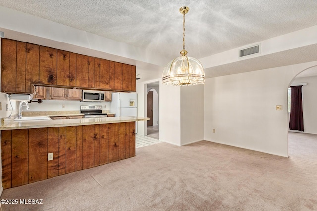555 E Rudasill Rd, Tucson, AZ 85704 - kitchen with arched walkways, stainless steel appliances, light colored carpet, a sink, and brown cabinetry
