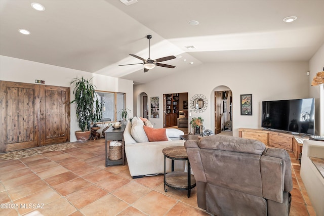 4 Mustang Trl, Sonoita, AZ 85637 - living area featuring arched walkways, ceiling fan, lofted ceiling, and recessed lighting